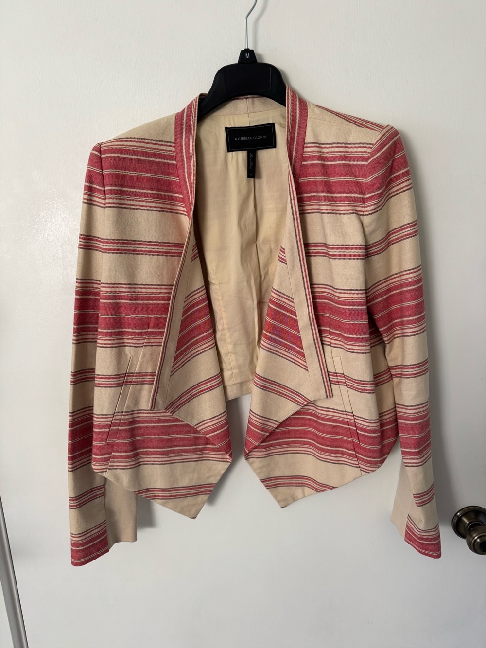 BCBGMaxAzria Cream and Coral/Brick Red Open-Front Blazer